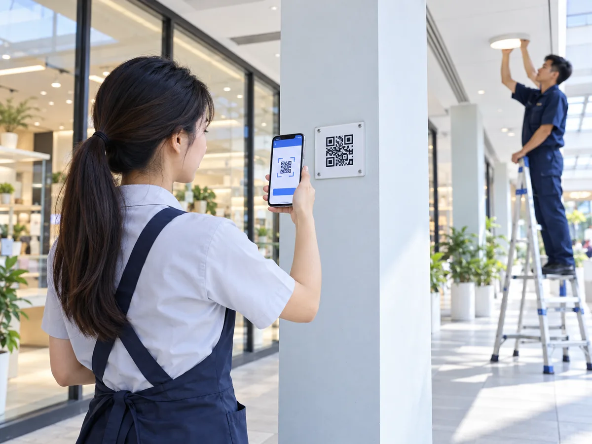 พนักงานร้านค้าในห้างสแกน QR ที่หน้าร้านเพื่อแจ้งซ่อม